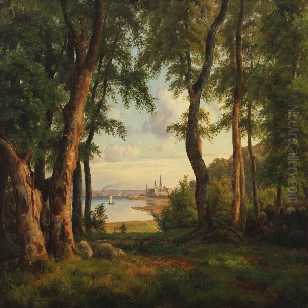 Forest Glade With A View To Kronborg Castle Oil Painting by Carsten Henrichsen