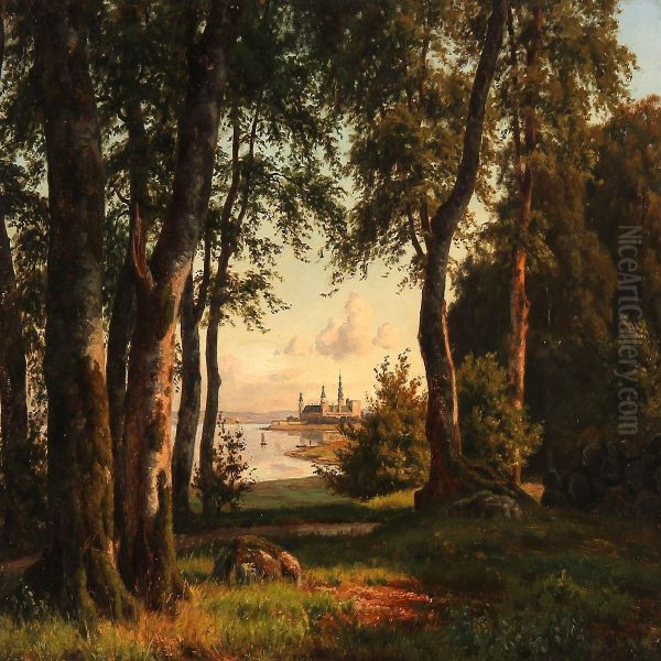 Forest Glade With A View To Kronborg Castle Oil Painting by Carsten Henrichsen