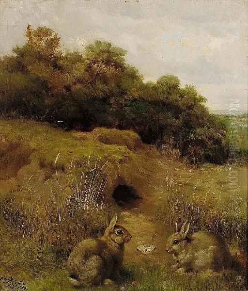 Rabbits In A Landscape Oil Painting by Henry William Carter