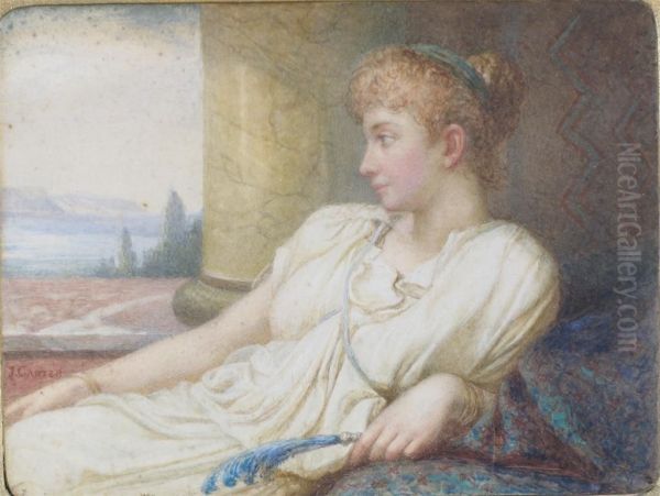 A Classical Beauty Reclining On A Terrace Oil Painting by J.B. Carter