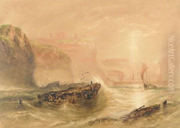 Fishing Boats Off Whitby Harbour, The Abbey In The Distance Oil Painting by Joseph Newington Carter