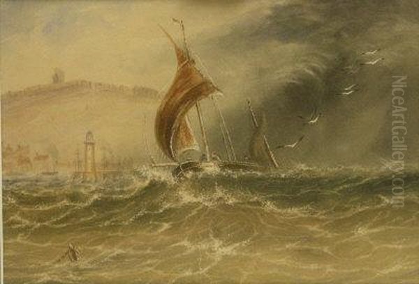 Fishing Smack In Choppy Seas Returning To Scarborough Harbou Oil Painting by Joseph Newington Carter