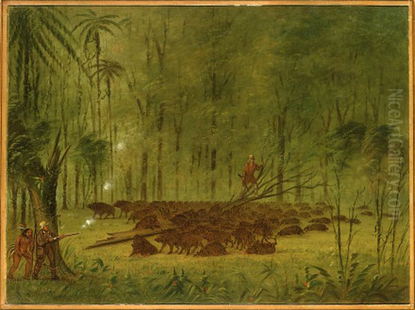 A Fight with Peccaries - Caribbe Oil Painting by George Catlin