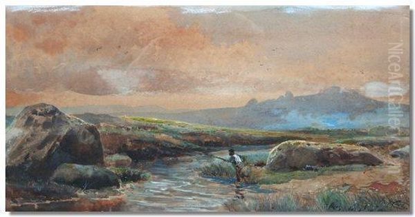 Angler At A Stream With Hills Beyond Oil Painting by Richard Harry Carter