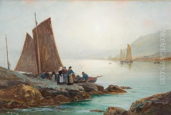 Landing The Catch, St. Levan's Cliff Oil Painting by Richard Harry Carter