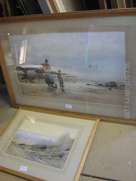 Beach Scene With A Mother And Son Looking Onto The Sea, Sailing Boats Beyond, Signed, Watercolour Oil Painting by Richard Harry Carter