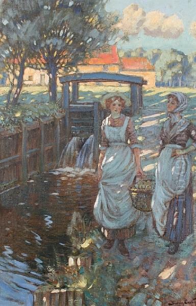 Two Young Women By A Stream Oil Painting by Sydney Carter