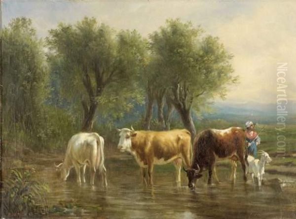 Vaches A L'abreuvoir Oil Painting by Karl Cartier