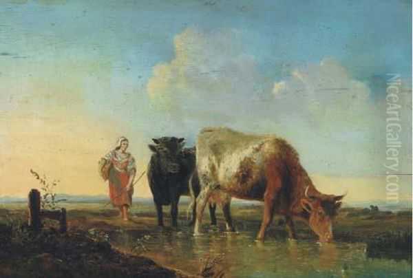 Cows Watering In A Stream Oil Painting by Victor Emile Cartier