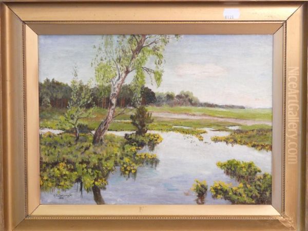 Trees In A River Landscape Oil Painting by H.E. Cartwright