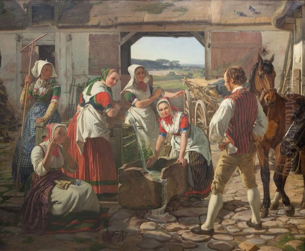 Sjaellandske hostpiger ved en brond Oil Painting by Jorgen Roed