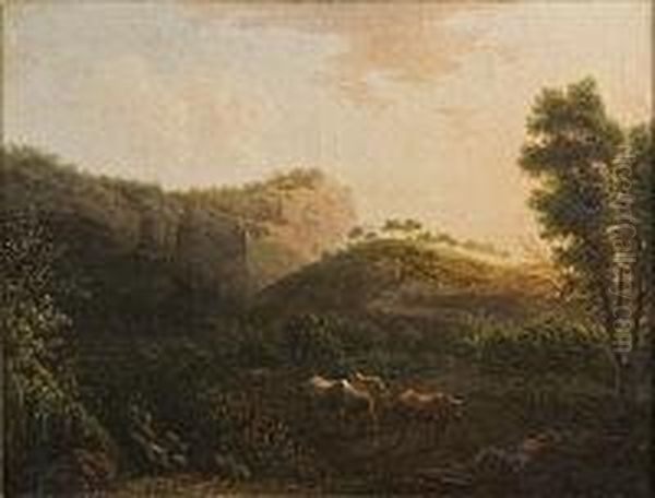 Swain With Cattle In A Wooded Valley Landscape Oil Painting by Robert Carver