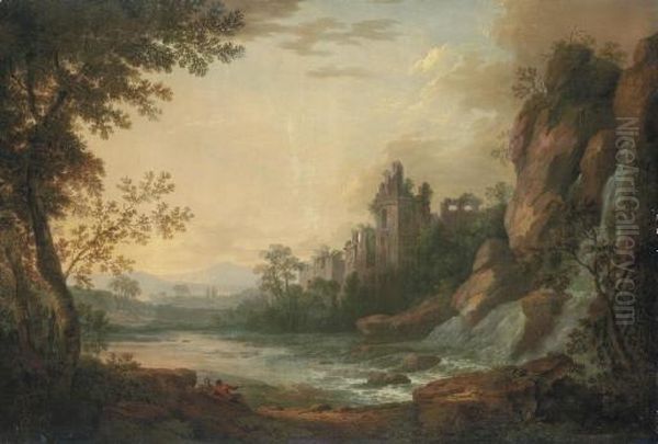 A River Landscape With Travellers Resting On A Path, A Ruined Castle Beyond Oil Painting by Robert Carver