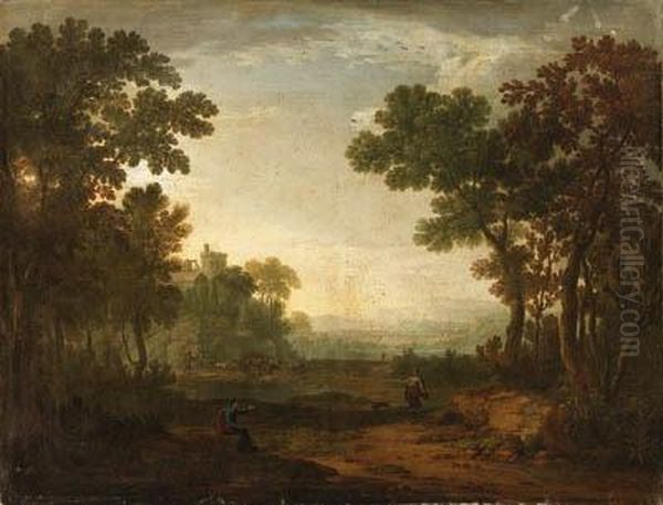 An Arcadian Landscape With Travellers And Herdsmen On A Path Oil Painting by Robert Carver