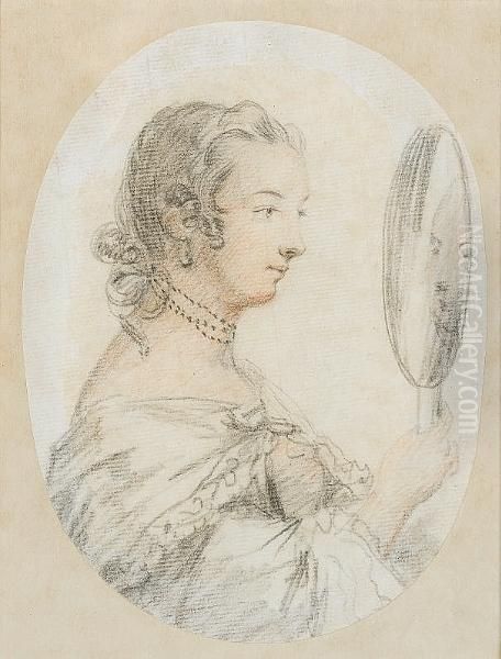 A Lady, In Profile To The Right Gazing At Her Reflection In A Hand Held Mirror, She Wears Dress, Cloak And Three Strand Choker. Oil Painting by Penelope Carwardine