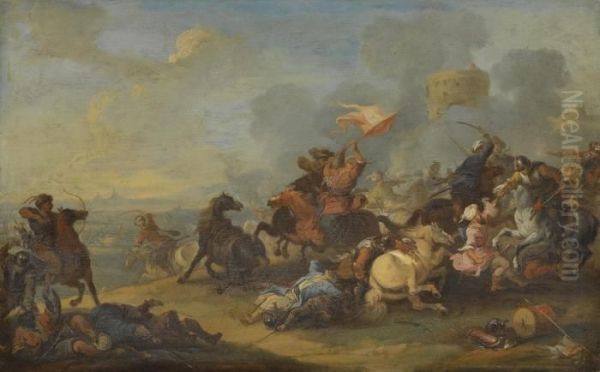 Two Battle Scenes Between Christians And Saracens Oil Painting by Francesco Giuseppe Casanova