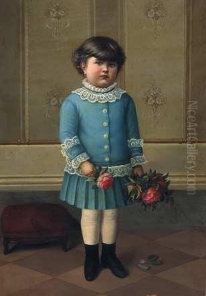 Ritratto Di Bimba In Azzurro Con Roselline Oil Painting by Ugo Casanova