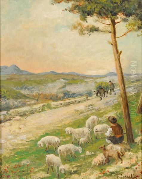 Campagna Con Gregge E Pastore A Riposo Oil Painting by Basilio Cascella