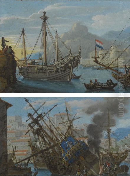 A Mediterranean Harbour With A Man-of-war Being Caulked; Dutch Merchant Ships Off A Rocky Coast Oil Painting by Abraham Casembroot