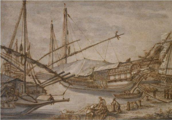 Harbor Scene Oil Painting by Abraham Casembroot