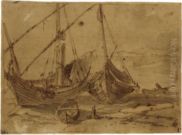 Two Small Sailing Boats And A Barge At Anchor, With A Man In A Rowing Boat To The Right Oil Painting by Abraham Casembroot