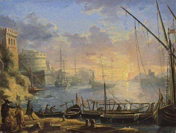 A Mediterranean Harbour Scene At Sunset With Boats Moored At A Quay In The Foreground Oil Painting by Abraham Casembroot