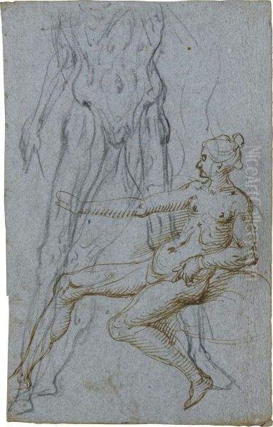 A Seated Female Nude And Another Partial Study Of Astanding Nude Oil Painting by Alessandro Casolani