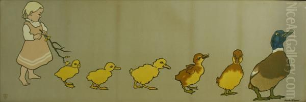 A Line Of Ducks Col. Oil Painting by Gertrud Caspari