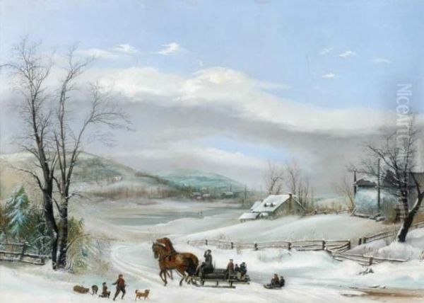 Winter Landscape With Horse And Sleigh Oil Painting by M.L Cass