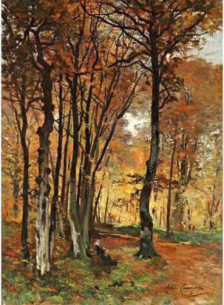 Femme Tricotant Enforet De Fontainebleau, A L'automne Oil Painting by Armand Th. Cassagne