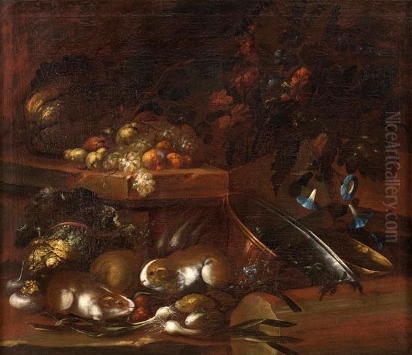 Natura Morta Di Fiori, Frutta E Vettovaglie Con Roditori Oil Painting by Giovanni Agostino Cassana