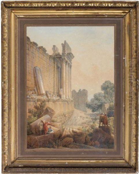 Vue Du Temple De Baalbek Animee De Soldats Turcs Oil Painting by Louis Francois Cassas