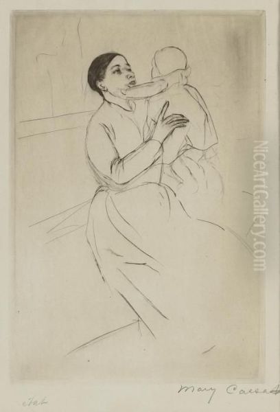 Mother Marie Holding Up Her Baby Oil Painting by Mary Cassatt