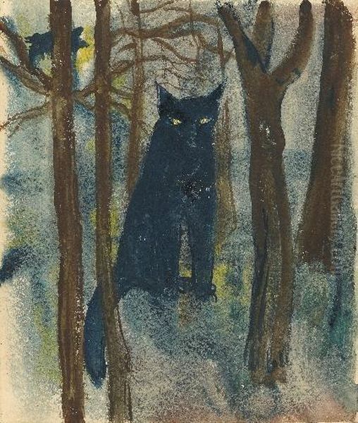 Nachtlich (katze Im Wald). Park Oil Painting by Pol Cassel