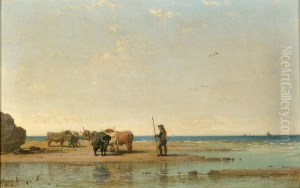 Cattle On A Beach Oil Painting by James Cassie