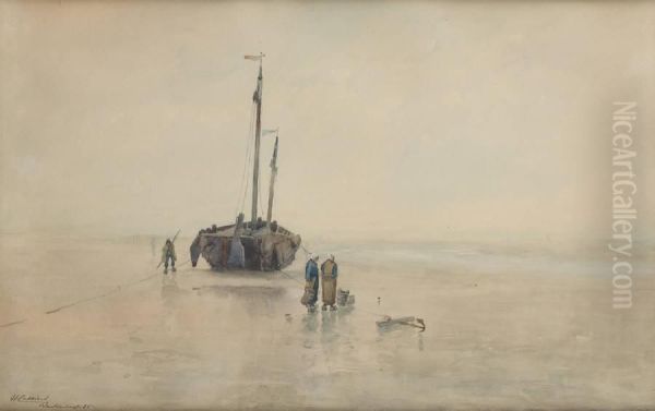 Barque De Peche Echouee A Blankenberge Oil Painting by Hendrick, Henri Cassiers