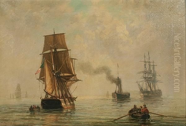 Shipping In Calm Waters Oil Painting by H. Cassinelli