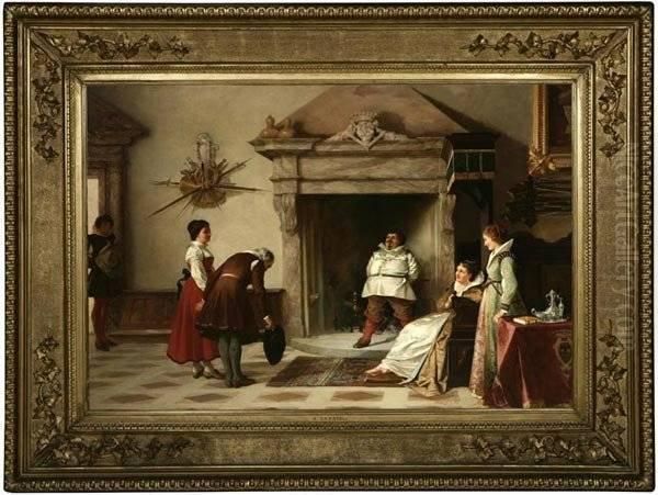 Figures Greeting A Noble Lady In Aninterior Oil Painting by Amos Cassioli