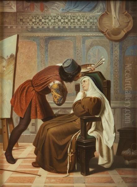 Artist Courting A Nun In An Interior Oil Painting by Gabriele Castagnola