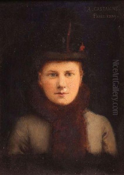 Head And Shoulders Portrait Of A Young Womanwearing A Grey Coat Oil Painting by Jean Andre Castaigne