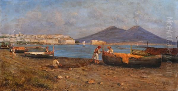 Pescatori Che Riparano Le Reti Oil Painting by Francesco Coppola Castaldo