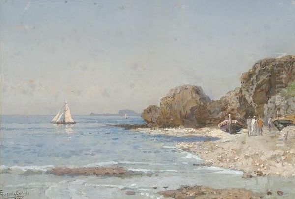 Veduta Costiera Nei Pressi Di Napoli Con Barchee Pescatori Oil Painting by Francesco Coppola Castaldo