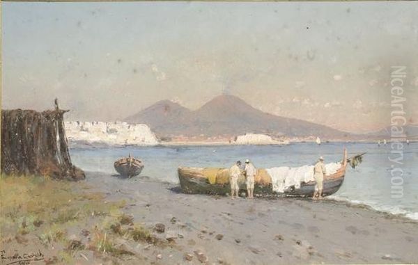 Veduta Di Napoli Con Pescatori E Barche Ariva Oil Painting by Francesco Coppola Castaldo