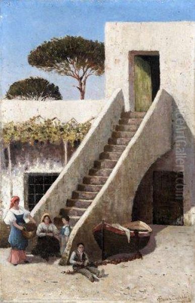 Scene Animee Devant Les Escaliers. Oil Painting by Francesco Coppola Castaldo