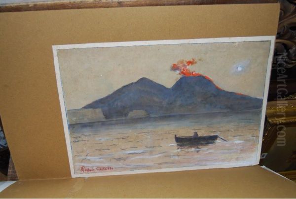 View Of Mount Vesuvius Erupting With A Figure In A Boat In The Foreground, Signed Oil Painting by Francesco Coppola Castaldo