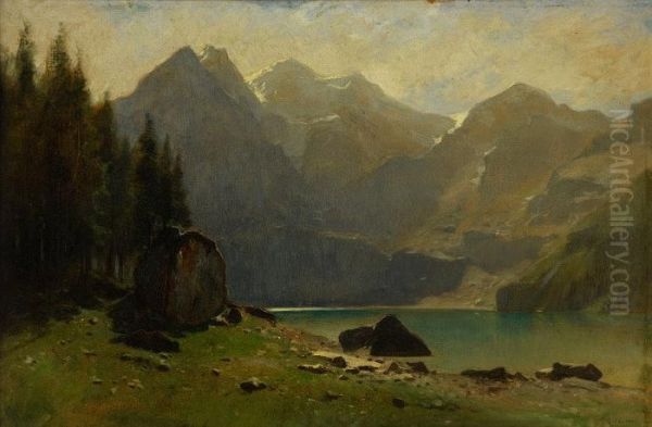 Bergsee Vor Hochgebirge Oil Painting by Gustave Castan