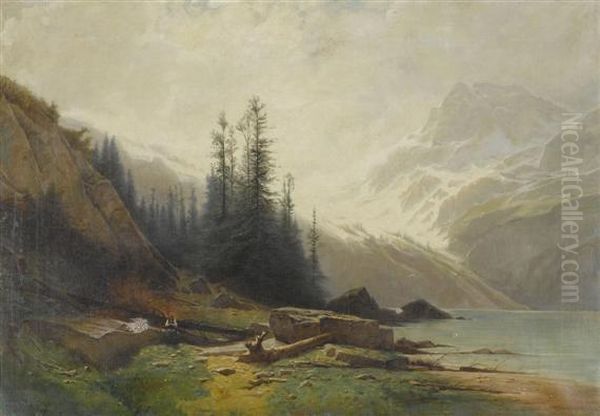 Mountain Landscape With Lake Shore Oil Painting by Gustave Castan