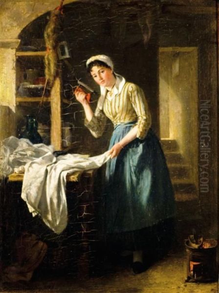 Woman Ironing Oil Painting by Pierre Jean Edmond Castan