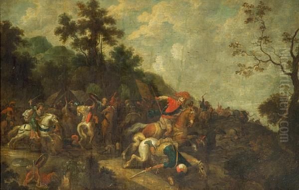 A Military Skirmish Oil Painting by Pauwel Casteels