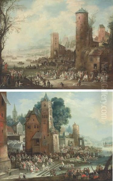 A Harbour Scene With A Marketplace; And A Harbour Scene With Markettents And Street Theatre, Boats Docking In The Foreground Oil Painting by Petrus Casteels